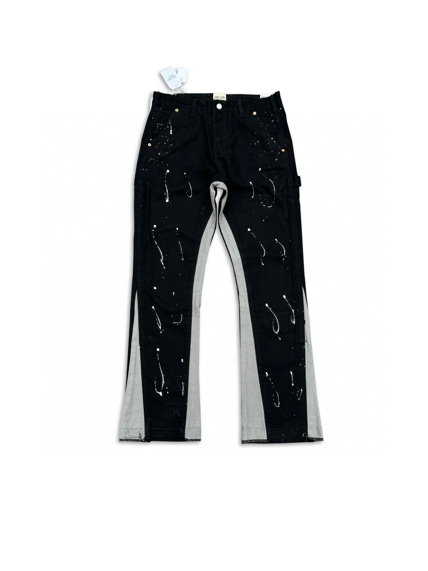 -Size upper body P220#G33 GALLERY DEPT. Spliced ​​washed retro jeans for men and women, high street splash-ink pants, micro-flared casual trousers, trendy couple, same style. Color: black. Size: S-XXL (corresponding to 28-36)